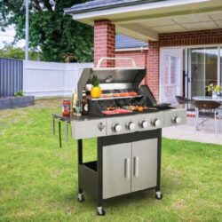 4 Burner Propane Gas Bbq Grill With Side Burner, 46790Btu Output With Enameed Cast Iron Cooking Grids For Outdoor Barbecue, Stainless Steel - Black / Silver
