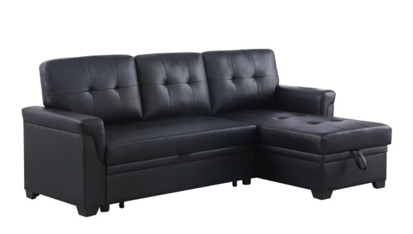 Lexi - Vegan Leather Modern Reversible Sleeper Sectional Sofa With Storage Chaise - Black