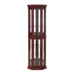 Corner Curio Cabinet With Lights, Adjustable Tempered Glass Shelves, Mirrored Back, Display Cabinet (E26 Light Bulb Not Included) - Cherry