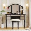 Dressing Table Set With Mirrored Drawers And Stool, Tri-Fold Mirror, Makeup Vanity Set For Bedroom - Black - Image 2