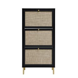 Modern Rattan 3 Door Shoe Rack Cabinet For Entryway Freestanding Black Storage Unit In Particle Board - Black