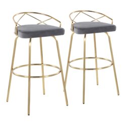 Charlotte - Glam Glam / Art Deco Fixed Height Barstool With Swivel With Round Footrest (Set of 2) - Gold / Gray