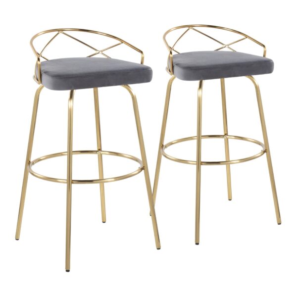 Charlotte - Glam Glam / Art Deco Fixed Height Barstool With Swivel With Round Footrest (Set of 2) - Gold / Gray
