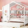 Twin Size House Bed With Trundle, Modern Design For Kids With Storage Shlef - White - Image 17