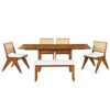 Modern 6 Piece Extendable Dining Table Set With 4 Wicker Back Upholstered Dining Chairs And Long Bench, 2 Removable Leaf - Walnut - Image 11