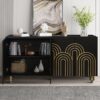 4 Door Cabinet Modern Fluted Sideboard Buffet With Storage, Curve Element With Strict Lines - Black - Image 5