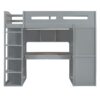 Twin Size Loft Bed With Desk, Wardrobes, 4 Drawers And 4 Shelves Construction - Gray - Image 5