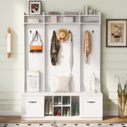5 In 1 Entryway Bench With Coat Rack, 7 Sturdy Hooks, 2 Spacious Drawers And Adjustable Shelves, Wide Hall Tree With Metal Handles For Hallway - White
