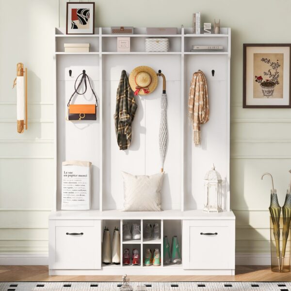 5 In 1 Entryway Bench With Coat Rack, 7 Sturdy Hooks, 2 Spacious Drawers And Adjustable Shelves, Wide Hall Tree With Metal Handles For Hallway - White