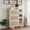 Natural Bohemia Style Shoe Cabinet, Shoe Rack Cabinet With 3 Rattan Flip Drawers, 3 Square Shelves And 1 Storage Drawer, Shoe Organizer With Mulit Storage Space And Hooks For Hallway, Entryway - White - Image 2