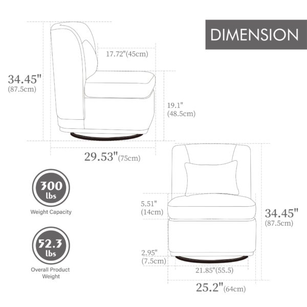 Modern Cushioned Armless Metal Base 360 Degree Swivel Chair With Pillow, Suitable For Living Room, Family Room, Bedroom, Lounge Area, Office - Taupe