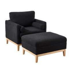 Farmhouse Upholstered Accent Chair With Ottoman Wood Base, Reversible Lid Coffee Table For Living Room - Black