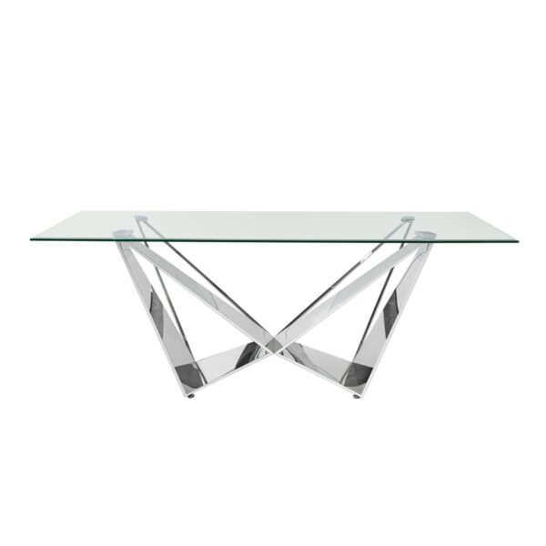 Clear Glass With Polished Stainless Steel Base Dining Table - Silver