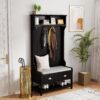 3 In 1 Wooden Hallway Hall Tree With Storage Drawers, Coat Rack, Shoe Rack Bench, And Cushion - Amber Graphite / Black - Image 18