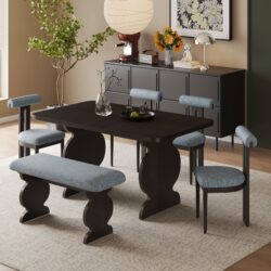 6 Piece Dining Set, Mid-Century Modern Table Set For 6 Persons With 4 Chairs And Bench, Padded Seats And Backrest - Espresso