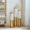 Modern Droplet Shaped Floor Vase Set Honeycomb Design, 3 Piece Metal Decorative Vases For Home Interior Display - Gold / White - Image 17