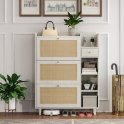 Natural Bohemia Style Shoe Cabinet, Shoe Rack Cabinet With 3 Rattan Flip Drawers, 3 Square Shelves And 1 Storage Drawer, Shoe Organizer With Mulit Storage Space And Hooks For Hallway, Entryway - White