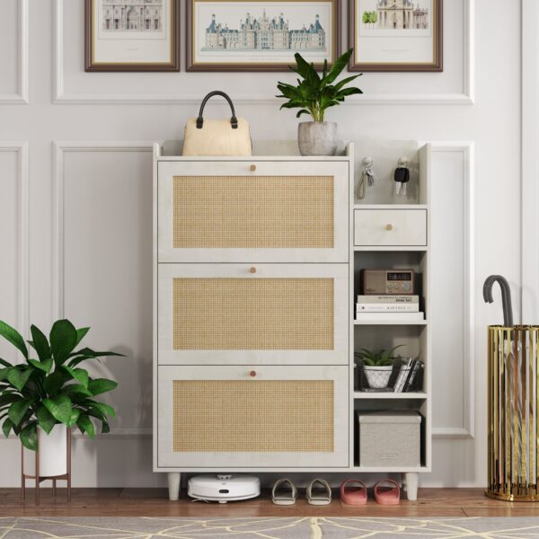 Natural Bohemia Style Shoe Cabinet, Shoe Rack Cabinet With 3 Rattan Flip Drawers, 3 Square Shelves And 1 Storage Drawer, Shoe Organizer With Mulit Storage Space And Hooks For Hallway, Entryway - White
