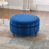 Upholstered Round Ottoman With Reversible Lid, Velvet Storage Stool, Channel Tufted Pumpkin Shape Footstool For Living Room, Bedroom And Office - Navy - Image 3