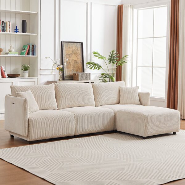 Multi Module Combination Style Sofa For Living Room And Other Lounge Spaces, Modern Minimalist Corduroy Combination Sofa With 2 Comfort Cushions With USB & C Charging Ports - Beige
