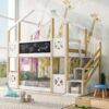 Twin Over Twin House Bunk Bed With White Storage Staircase And Blackboards - White - Image 13