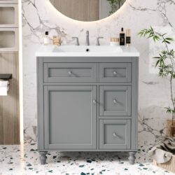 Bathroom Vanity & Top Sink, Modern Bathroom Storage Cabinet With 2 Drawers And A Tip-Out Drawer, Single Sink Bathroom Vanity - Gray