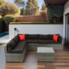 5 Pieces Rattan Sectional Outdoor Furniture Cushioned U Sof Set With 2 Pillow - Gray / Black - Image 6