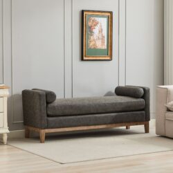 Elegant Upholstered Bench, Daybed, Ottoman With Wood Legs & 2 Bolster Pillows For End Of Bed, Bedroom, Living Room, Entryway - Gray