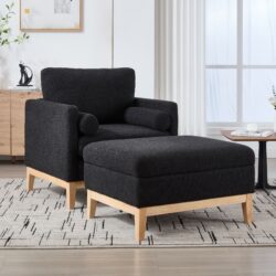 Farmhouse Upholstered Accent Chair With Ottoman Wood Base, Reversible Lid Coffee Table For Living Room - Black