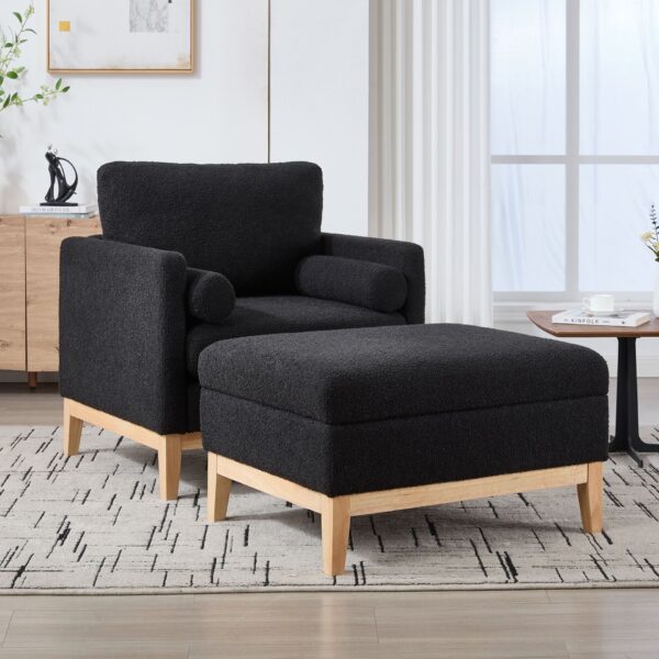 Farmhouse Upholstered Accent Chair With Ottoman Wood Base, Reversible Lid Coffee Table For Living Room - Black