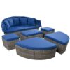 Outdoor Rattan Daybed Sunbed With Retractable Canopy Wicker Furniture, Round Outdoor Sectional Sofa Set - Gray Wicker Furniture Clamshell Seating With Washable Cushions, Backyard, Porch - Blue - Image 7