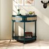 Boho Rattan Semi Circle End Table With Sliding Rattan Door, Elegant Entryway Console With Storage And Bottom Shelf - Antique Green - Image 4