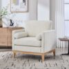 Wide Modern Farmhouse Performance Accent Chair With Natural Wood Legs, Wood Base Reading Armchair Single Sofa With 2 Bolster Pillows For Living Room Offices And Lounge - Ivory - Image 5