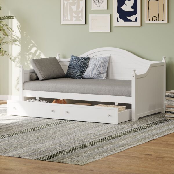 Twin Size Daybed With 2 Storage Drawers, Sofa Bed With Handrail For Living Room Bedroom - White