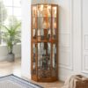 6 Shelf Corner Curio Display Cabinet With Lights, Mirrors And Adjustable Shelves (E26 Light Bulb Not Included) - Oak - Image 5