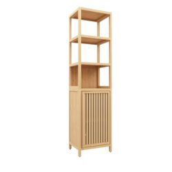 Bamboo Storage Tall Slim Cabinet With Shutter Door And 3 Tier Shelves For Living Room, Kitchen, Bathroom - Natural / Natural Multi / Natural Wood