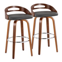 Cassis - Mid-Century Modern Fixed Height Barstool With Swivel With Round Footrest (Set of 2) - Walnut / Gray