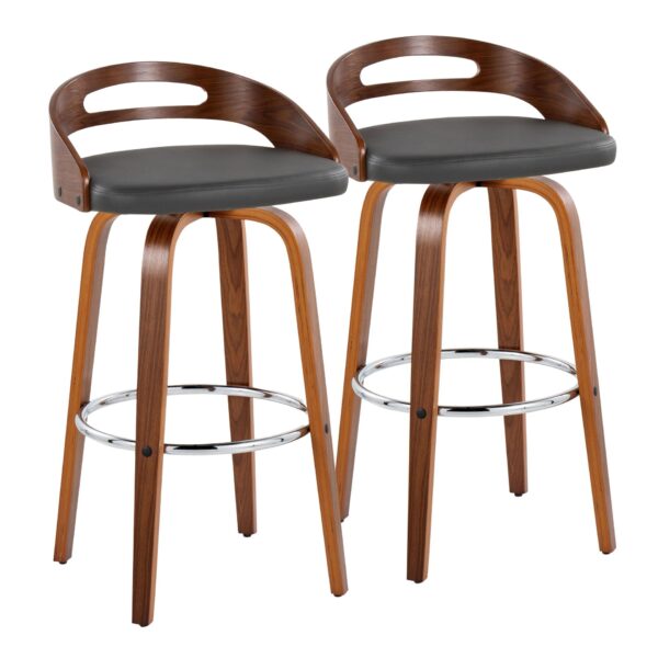 Cassis - Mid-Century Modern Fixed Height Barstool With Swivel With Round Footrest (Set of 2) - Walnut / Gray