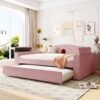 Full Size Upholstered Daybed With Storage Armrests, Trundle And Latest Integrated Bluetooth Audio System, Teddy Fleece - Pink - Image 11