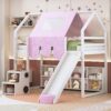 Twin Size Charming House Shaped Loft Bed With Tent And Slide - White / Pink - Image 19