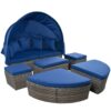 Outdoor Rattan Daybed Sunbed With Retractable Canopy Wicker Furniture, Round Outdoor Sectional Sofa Set - Gray Wicker Furniture Clamshell Seating With Washable Cushions, Backyard, Porch - Blue - Image 6