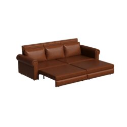 Pull Out Sofa Bed, 3 In 1 Faux Leather Convertible Sleeper Sofa With Nailhead Trim & Rolled Arm Multifunctional Sofa Bed For Living Room - Light Brown