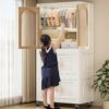 Side Wide Folding Wardrobe, With Magnetic Door, Plastic Storage Cabinet With Wheels (1 Layer Of Wardrobe + 2 Layers Of Folding Boxes + 10 Hangers) - Cream White - Image 9