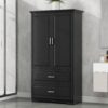 Tall Bathroom Storage Cabinet, Cabinet With 2 Doors And Drawers, Adjustable Shelf - Black - Image 2