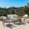 4 Piece Outdoor Chat Set With Water Resistant Cushion And Wood Frame - Cream / Gray - Image 6