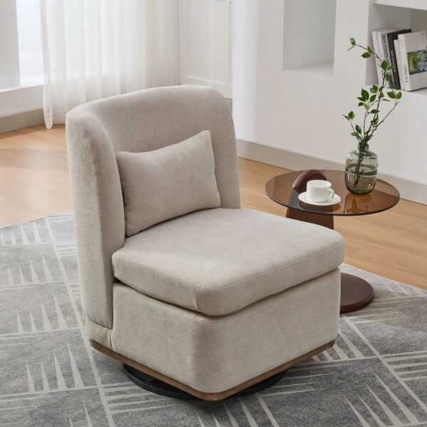 Modern Cushioned Armless Metal Base 360 Degree Swivel Chair With Pillow, Suitable For Living Room, Family Room, Bedroom, Lounge Area, Office - Beige
