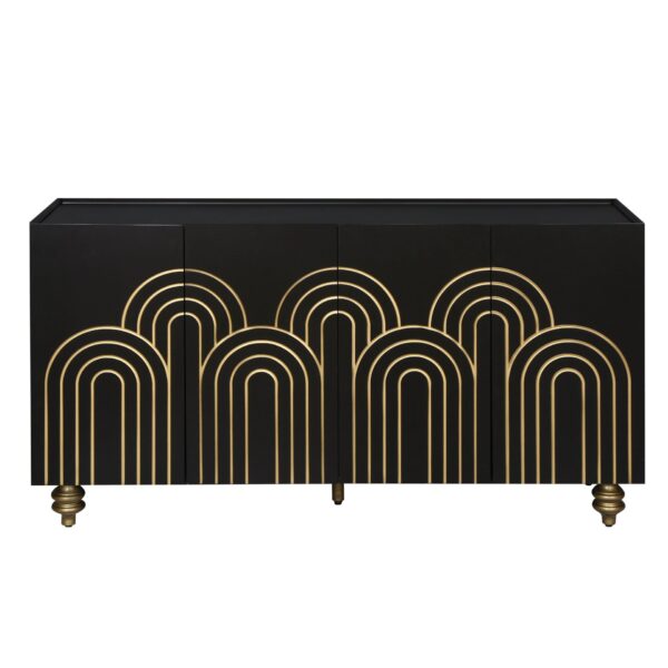 4 Door Cabinet Modern Fluted Sideboard Buffet With Storage, Curve Element With Strict Lines - Black