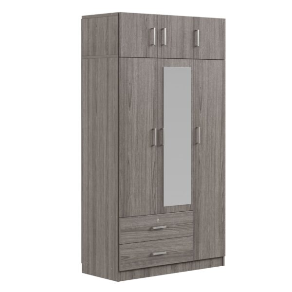 Modern 3 Door Mirror Wardrobe With 2 Drawers And Top Cabinet - Gray