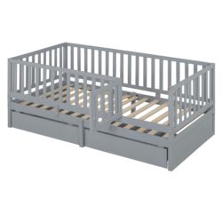 Twin Size Daybed With Fence Guardrails And 2 Drawers, Split Into Independent Floor Bed & Daybed - Gray