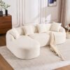Compression Sofa: Combining Chaise Longue With 3 Seater, Wood Grain Chenille Fabric, Full Sponge Compression Sofa, Combined Sofa With 4 Pillows For Living / Home Furniture / Apartment - White - Image 5